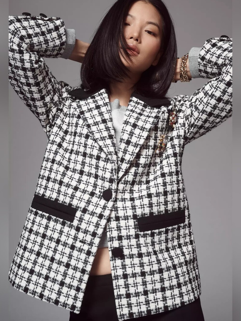 Anthropologie Avec Les Filles Houndstooth Tweed Plaid Blazer Coat Oversized M L